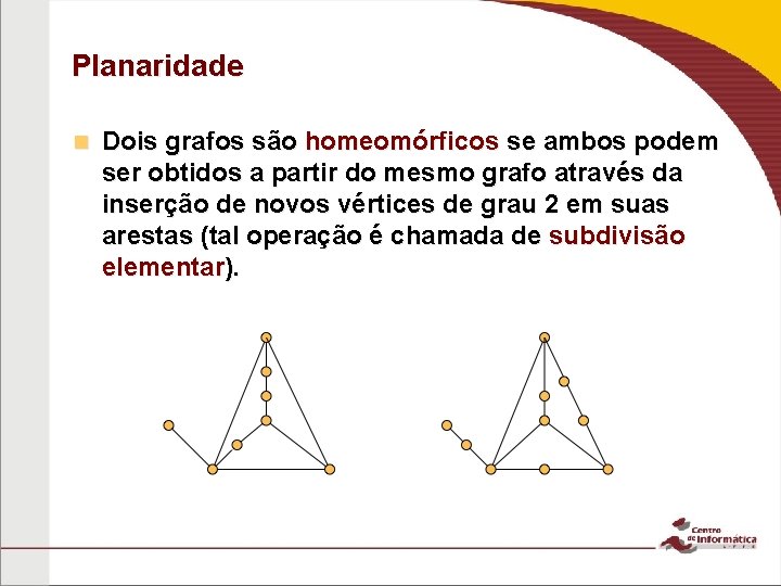 Planaridade n Dois grafos são homeomórficos se ambos podem ser obtidos a partir do