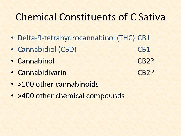 Chemical Constituents of C Sativa • • • Delta‐ 9‐tetrahydrocannabinol (THC) Cannabidiol (CBD) Cannabinol