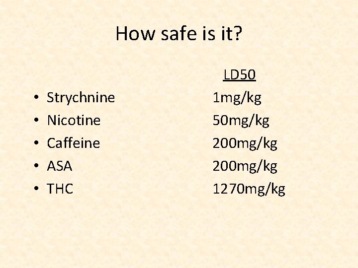 How safe is it? • • • Strychnine Nicotine Caffeine ASA THC LD 50