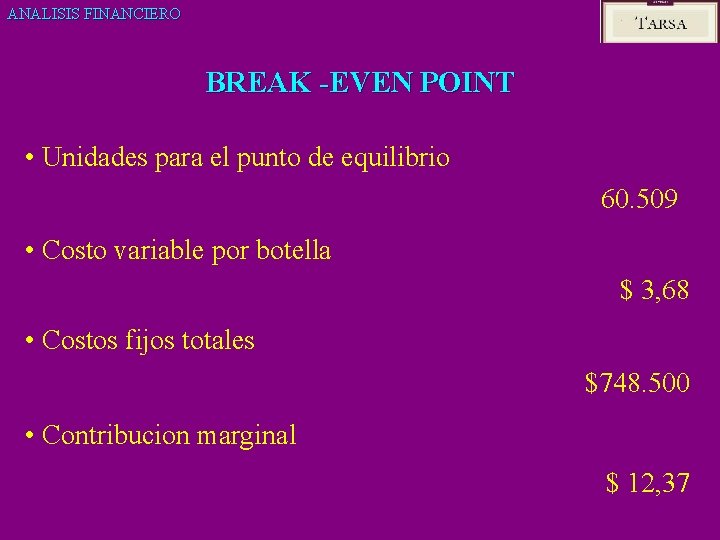 ANALISIS FINANCIERO BREAK -EVEN POINT • Unidades para el punto de equilibrio 60. 509