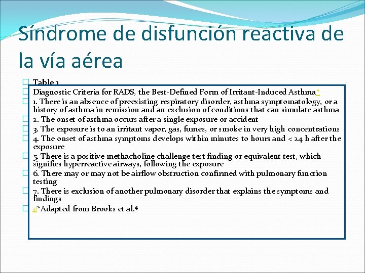 Síndrome de disfunción reactiva de la vía aérea � Table 1 � Diagnostic Criteria