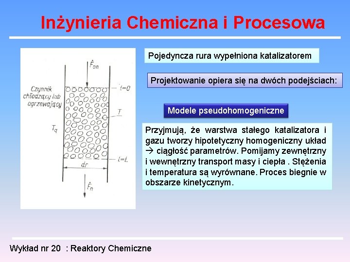 Inżynieria Chemiczna i Procesowa Pojedyncza rura wypełniona katalizatorem Projektowanie opiera się na dwóch podejściach: