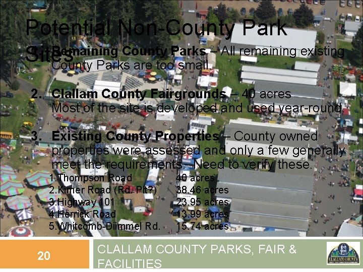 Potential Non-County Park 1. Remaining County Parks – All remaining existing Sites County Parks