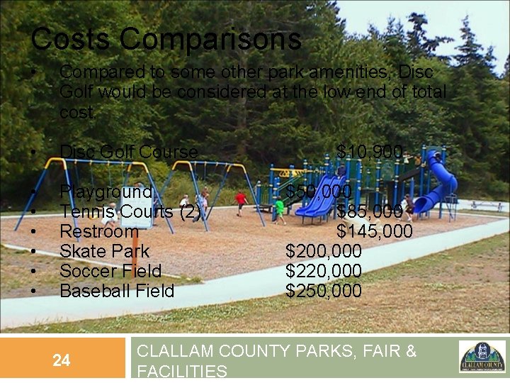 Costs Comparisons • Compared to some other park amenities, Disc Golf would be considered