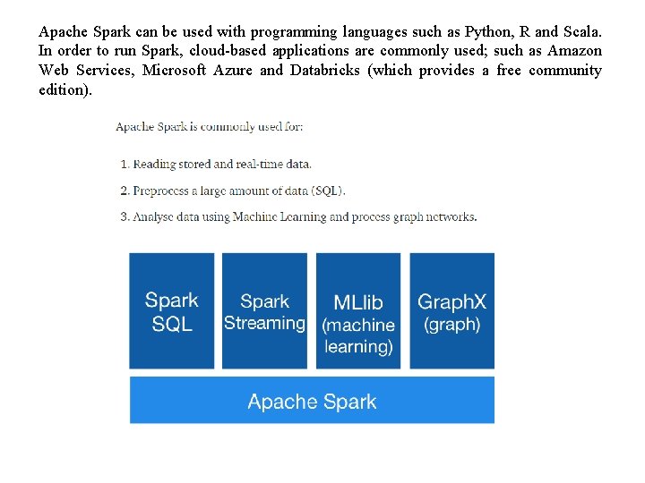 Apache Spark can be used with programming languages such as Python, R and Scala. Apache Spark can be used with programming languages such as Python, R and Scala.