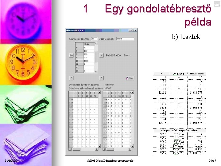 1 Egy gondolatébresztő példa b) tesztek 11/1/2020 Szlávi Péter: Dinamikus programozás 14/57 