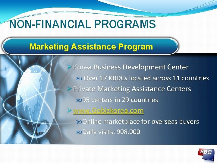 NON-FINANCIAL PROGRAMS Marketing Assistance Program Korea Business Development Center Over 17 KBDCs located across
