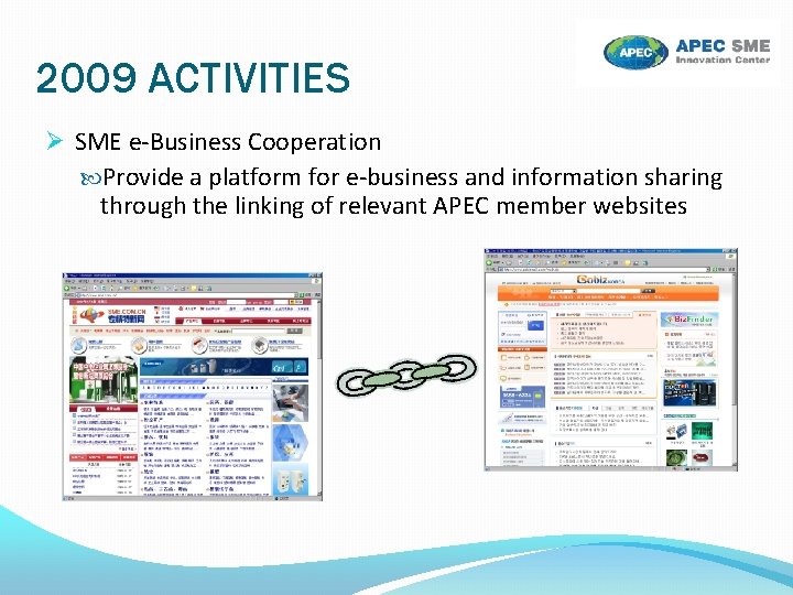 2009 ACTIVITIES SME e-Business Cooperation Provide a platform for e-business and information sharing through