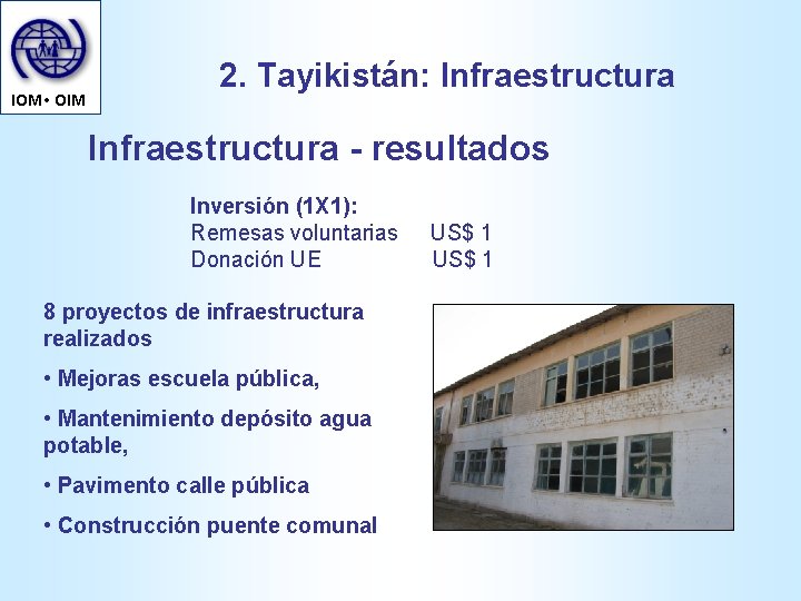 IOM • OIM 2. Tayikistán: Infraestructura - resultados Inversión (1 X 1): Remesas voluntarias