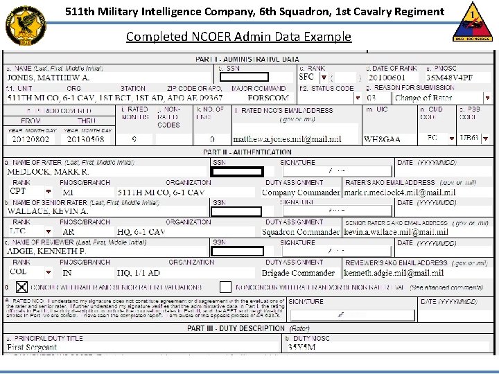 511 th Military Intelligence Company, 6 th Squadron, 1 st Cavalry Regiment Completed NCOER 511 th Military Intelligence Company, 6 th Squadron, 1 st Cavalry Regiment Completed NCOER