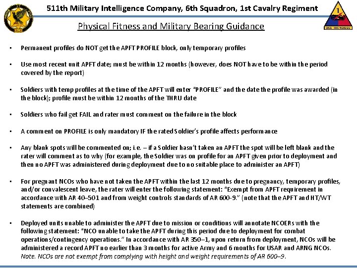 511 th Military Intelligence Company, 6 th Squadron, 1 st Cavalry Regiment Physical Fitness 511 th Military Intelligence Company, 6 th Squadron, 1 st Cavalry Regiment Physical Fitness