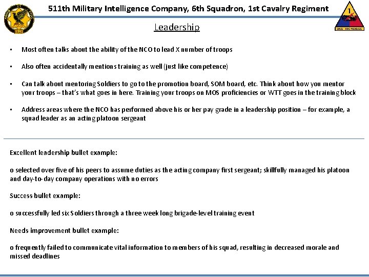 511 th Military Intelligence Company, 6 th Squadron, 1 st Cavalry Regiment Leadership • 511 th Military Intelligence Company, 6 th Squadron, 1 st Cavalry Regiment Leadership •