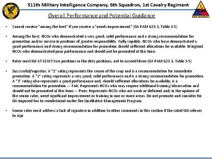 511 th Military Intelligence Company, 6 th Squadron, 1 st Cavalry Regiment Overall Performance 511 th Military Intelligence Company, 6 th Squadron, 1 st Cavalry Regiment Overall Performance