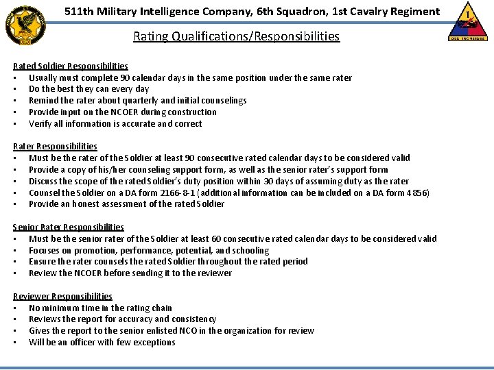 511 th Military Intelligence Company, 6 th Squadron, 1 st Cavalry Regiment Rating Qualifications/Responsibilities 511 th Military Intelligence Company, 6 th Squadron, 1 st Cavalry Regiment Rating Qualifications/Responsibilities