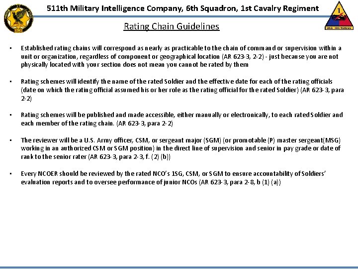 511 th Military Intelligence Company, 6 th Squadron, 1 st Cavalry Regiment Rating Chain 511 th Military Intelligence Company, 6 th Squadron, 1 st Cavalry Regiment Rating Chain