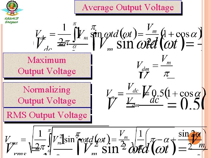 Average Output Voltage Maximum Output Voltage Normalizing Output Voltage RMS Output Voltage 