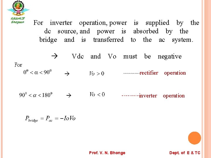For　inverter　operation, power　is　supplied　by　the 　dc　source, and　power　is　absorbed　by　the　 bridge　and　is　transferred　to　the　ac　system. 　 　　Vdc　and　Vo　must　be　negative 　For 　 　　 　　 　…………rectifier　operation 　 ………inverter　operation