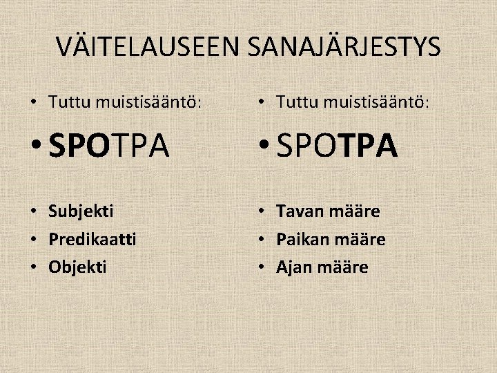 VÄITELAUSEEN SANAJÄRJESTYS • Tuttu muistisääntö: • SPOTPA • Subjekti • Predikaatti • Objekti •