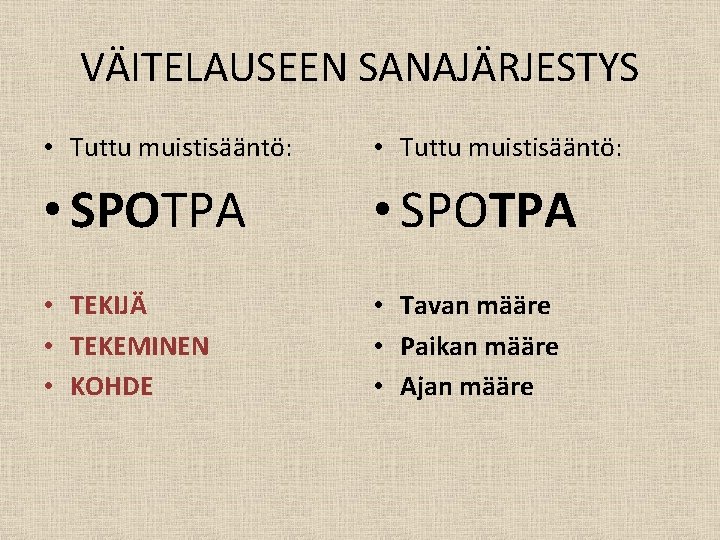 VÄITELAUSEEN SANAJÄRJESTYS • Tuttu muistisääntö: • SPOTPA • TEKIJÄ • TEKEMINEN • KOHDE •