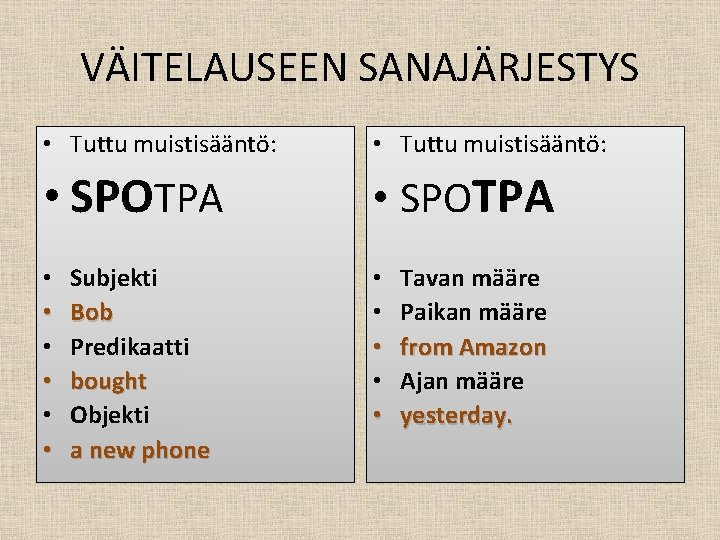 VÄITELAUSEEN SANAJÄRJESTYS • Tuttu muistisääntö: • SPOTPA • • • Subjekti Bob Predikaatti bought