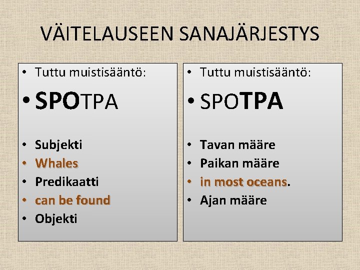 VÄITELAUSEEN SANAJÄRJESTYS • Tuttu muistisääntö: • SPOTPA • • • Subjekti Whales Predikaatti can