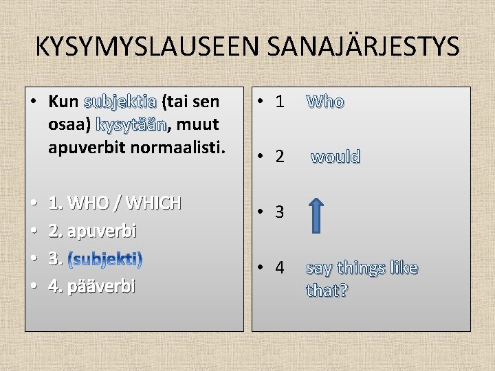 KYSYMYSLAUSEEN SANAJÄRJESTYS • Kun subjektia (tai sen osaa) kysytään, kysytään muut apuverbit normaalisti. •