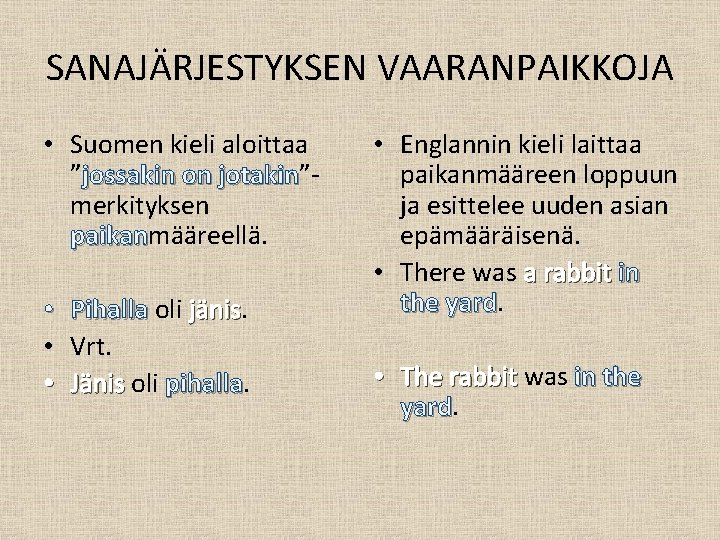 SANAJÄRJESTYKSEN VAARANPAIKKOJA • Suomen kieli aloittaa ”jossakin on jotakin”jotakin merkityksen paikanmääreellä. paikan • •