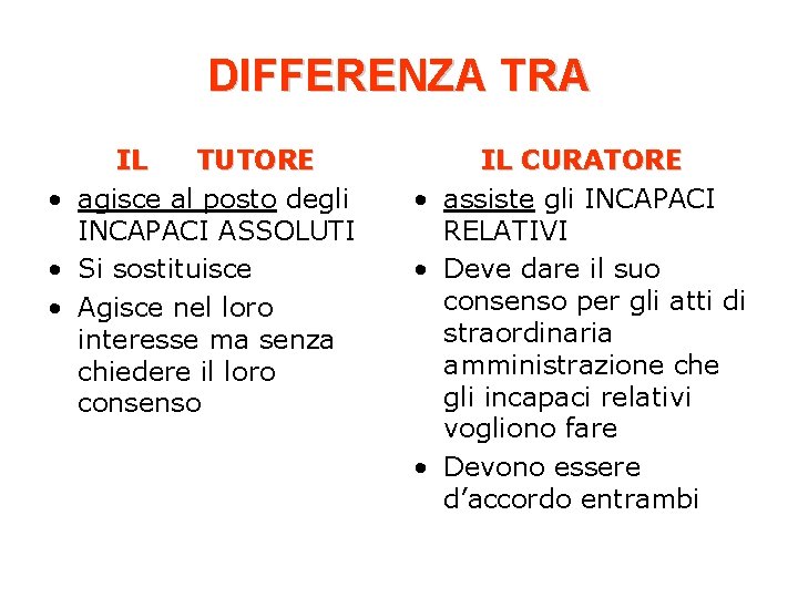 DIFFERENZA TRA IL TUTORE • agisce al posto degli INCAPACI ASSOLUTI • Si sostituisce