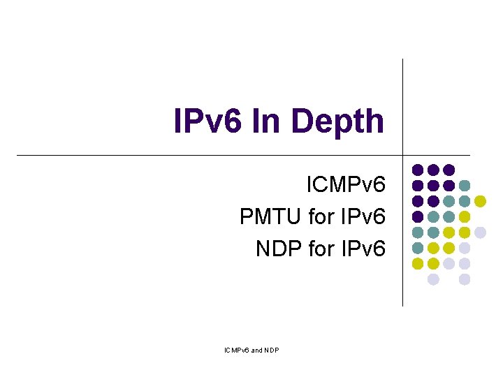 IPv 6 In Depth ICMPv 6 PMTU for IPv 6 NDP for IPv 6 IPv 6 In Depth ICMPv 6 PMTU for IPv 6 NDP for IPv 6