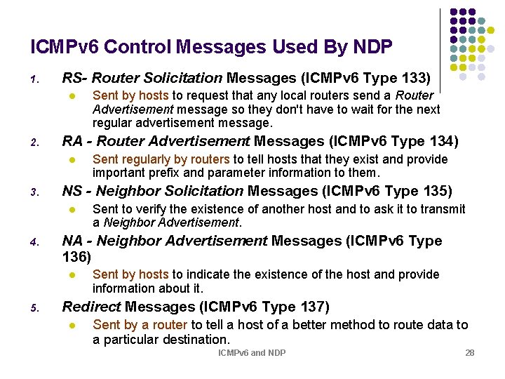 ICMPv 6 Control Messages Used By NDP 1. RS- Router Solicitation Messages (ICMPv 6 ICMPv 6 Control Messages Used By NDP 1. RS- Router Solicitation Messages (ICMPv 6