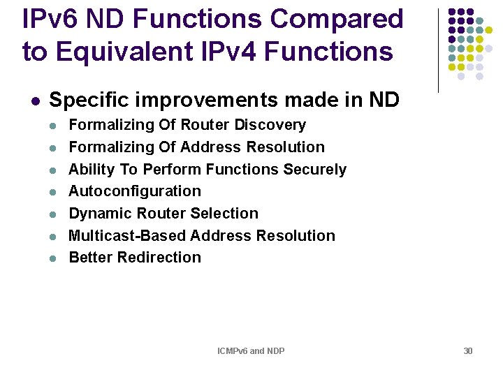 IPv 6 ND Functions Compared to Equivalent IPv 4 Functions l Specific improvements made IPv 6 ND Functions Compared to Equivalent IPv 4 Functions l Specific improvements made