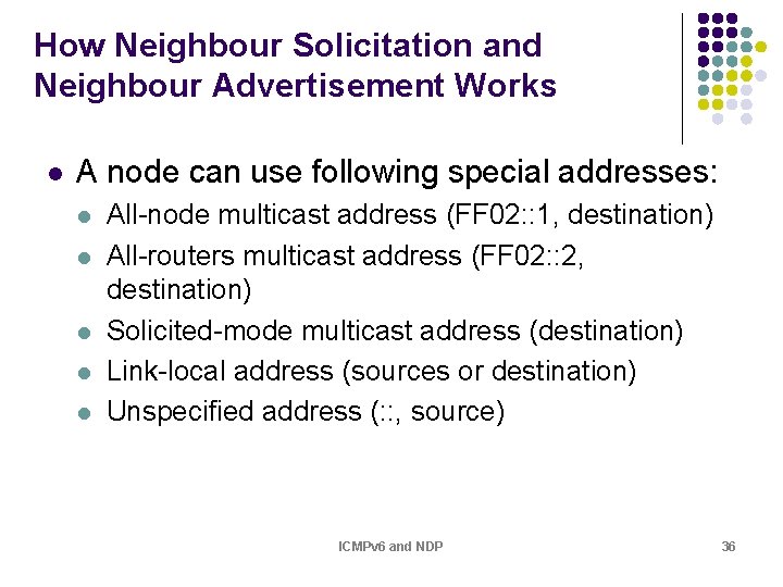 How Neighbour Solicitation and Neighbour Advertisement Works l A node can use following special How Neighbour Solicitation and Neighbour Advertisement Works l A node can use following special