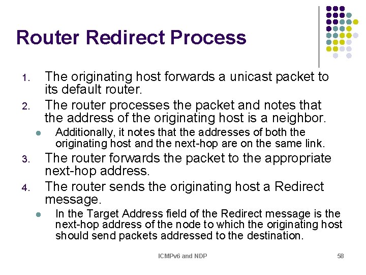 Router Redirect Process The originating host forwards a unicast packet to its default router. Router Redirect Process The originating host forwards a unicast packet to its default router.