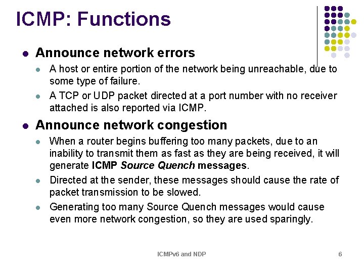 ICMP: Functions l Announce network errors l l l A host or entire portion ICMP: Functions l Announce network errors l l l A host or entire portion