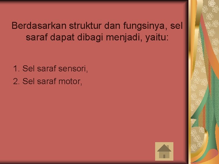 Berdasarkan struktur dan fungsinya, sel saraf dapat dibagi menjadi, yaitu: 1. Sel saraf sensori,