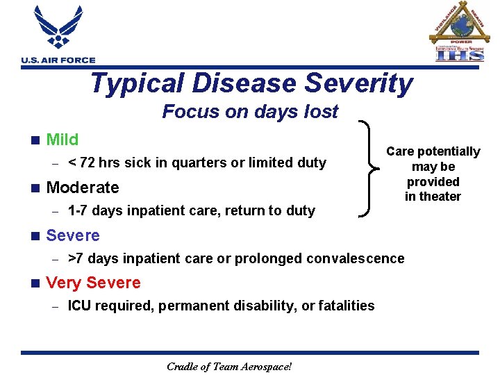 Typical Disease Severity Focus on days lost n Mild – n Moderate – n