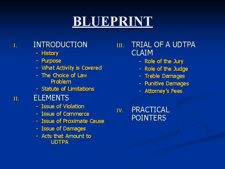 BLUEPRINT I. INTRODUCTION III. - History Purpose What Activity is Covered The Choice of