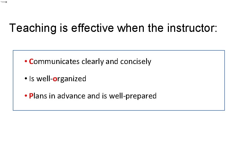 Teaching is effective when the instructor: • Communicates clearly and concisely • Is well-organized Teaching is effective when the instructor: • Communicates clearly and concisely • Is well-organized