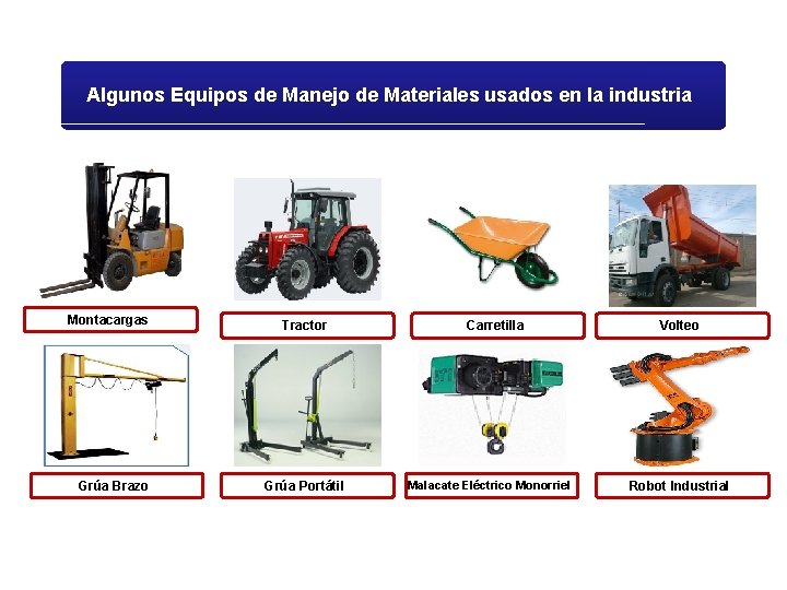 Algunos Equipos de Manejo de Materiales usados en la industria Montacargas Grúa Brazo Tractor