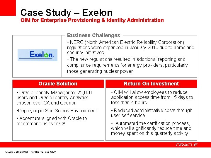 Case Study – Exelon OIM for Enterprise Provisioning & Identity Administration Business Challenges •