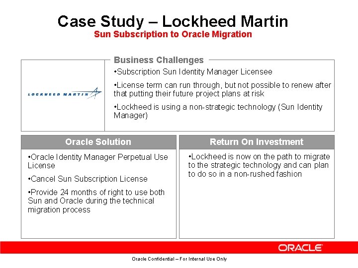 Case Study – Lockheed Martin Subscription to Oracle Migration Business Challenges • Subscription Sun