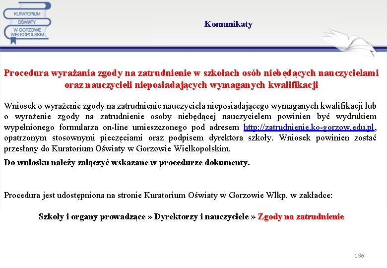 Komunikaty Procedura wyrażania zgody na zatrudnienie w szkołach osób niebędących nauczycielami oraz nauczycieli nieposiadających