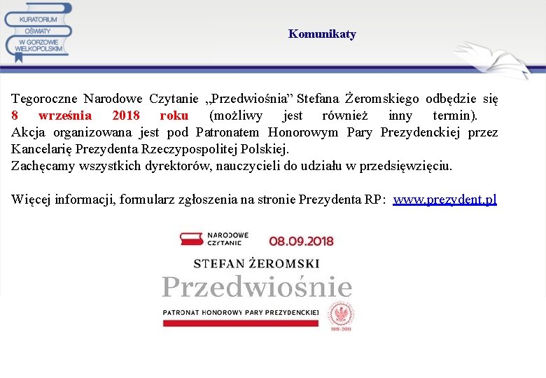 Komunikaty Tegoroczne Narodowe Czytanie „Przedwiośnia” Stefana Żeromskiego odbędzie się 8 września 2018 roku (możliwy