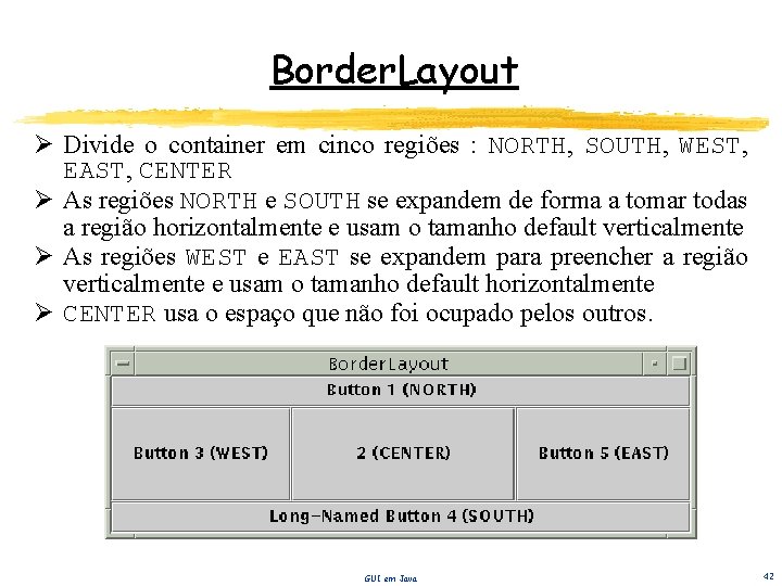 Border. Layout Ø Divide o container em cinco regiões : NORTH, SOUTH, WEST, EAST,