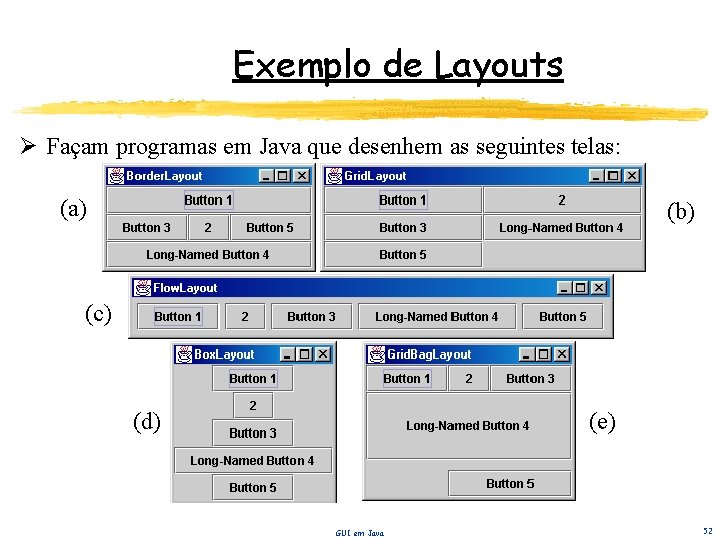 Exemplo de Layouts Ø Façam programas em Java que desenhem as seguintes telas: (a)