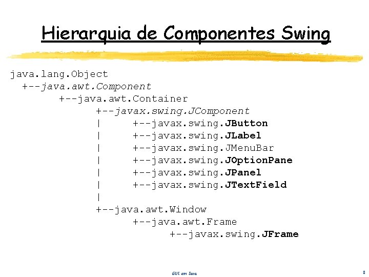 Hierarquia de Componentes Swing java. lang. Object +--java. awt. Component +--java. awt. Container +--javax.