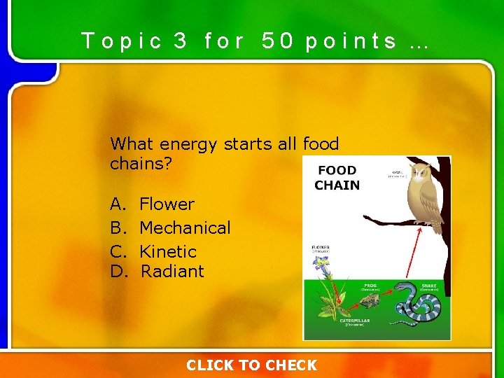Topic 3 for 50 points … What energy starts all food chains? A. B. Topic 3 for 50 points … What energy starts all food chains? A. B.