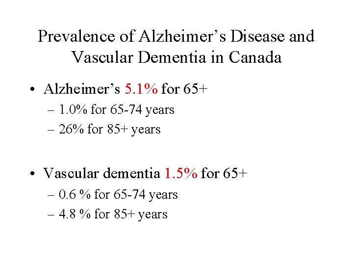 Prevalence of Alzheimer’s Disease and Vascular Dementia in Canada • Alzheimer’s 5. 1% for Prevalence of Alzheimer’s Disease and Vascular Dementia in Canada • Alzheimer’s 5. 1% for