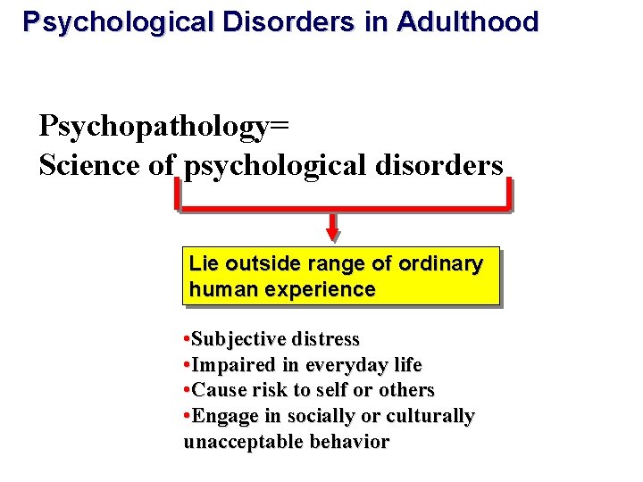 Psychological Disorders in Adulthood Psychopathology= Science of psychological disorders Lie outside range of ordinary Psychological Disorders in Adulthood Psychopathology= Science of psychological disorders Lie outside range of ordinary
