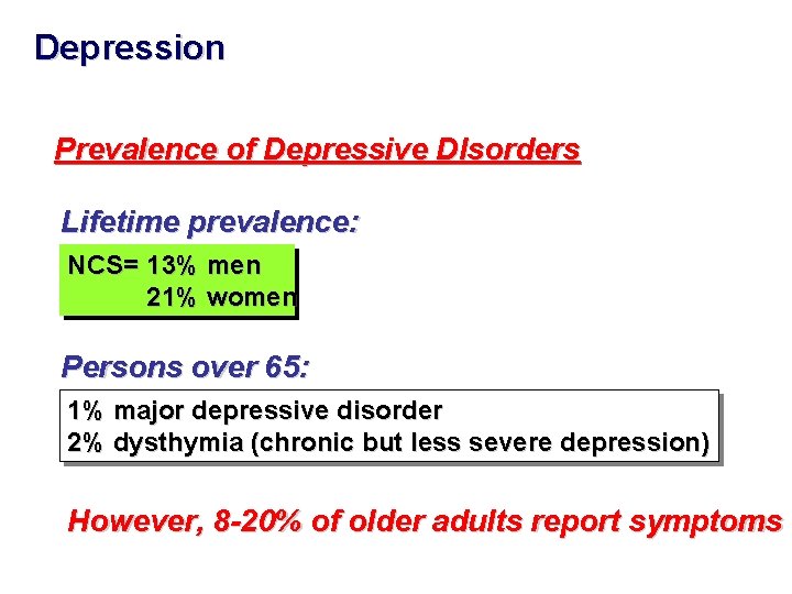 Depression Prevalence of Depressive DIsorders Lifetime prevalence: NCS= 13% men 21% women Persons over Depression Prevalence of Depressive DIsorders Lifetime prevalence: NCS= 13% men 21% women Persons over